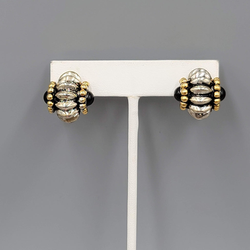 Statement Pierced Earrings Silver and Gold tones Black Bead 3/4 in