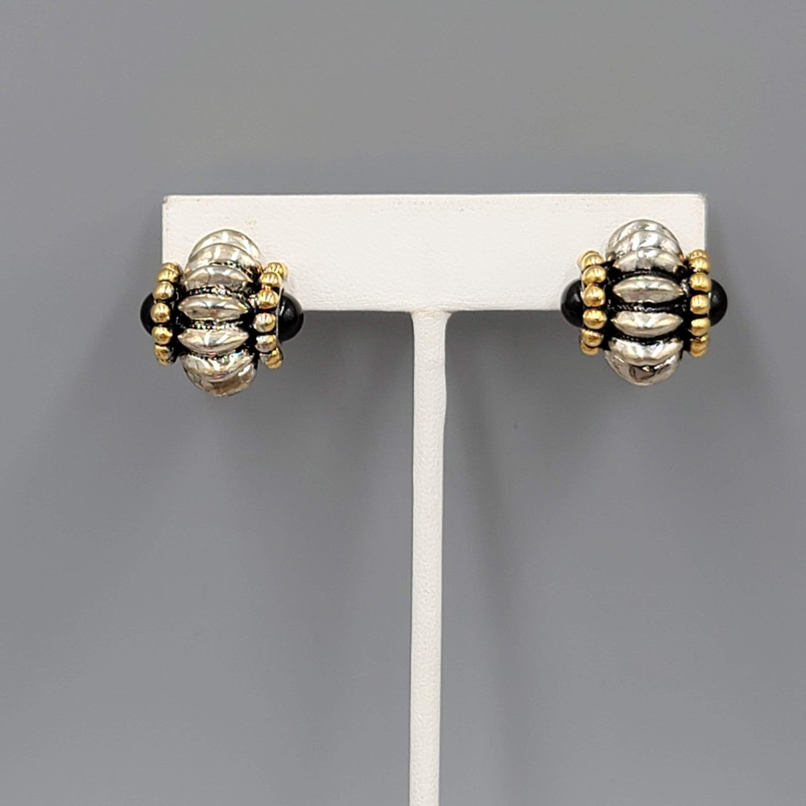 Statement Pierced Earrings Silver and Gold tones Black Bead 3/4 in