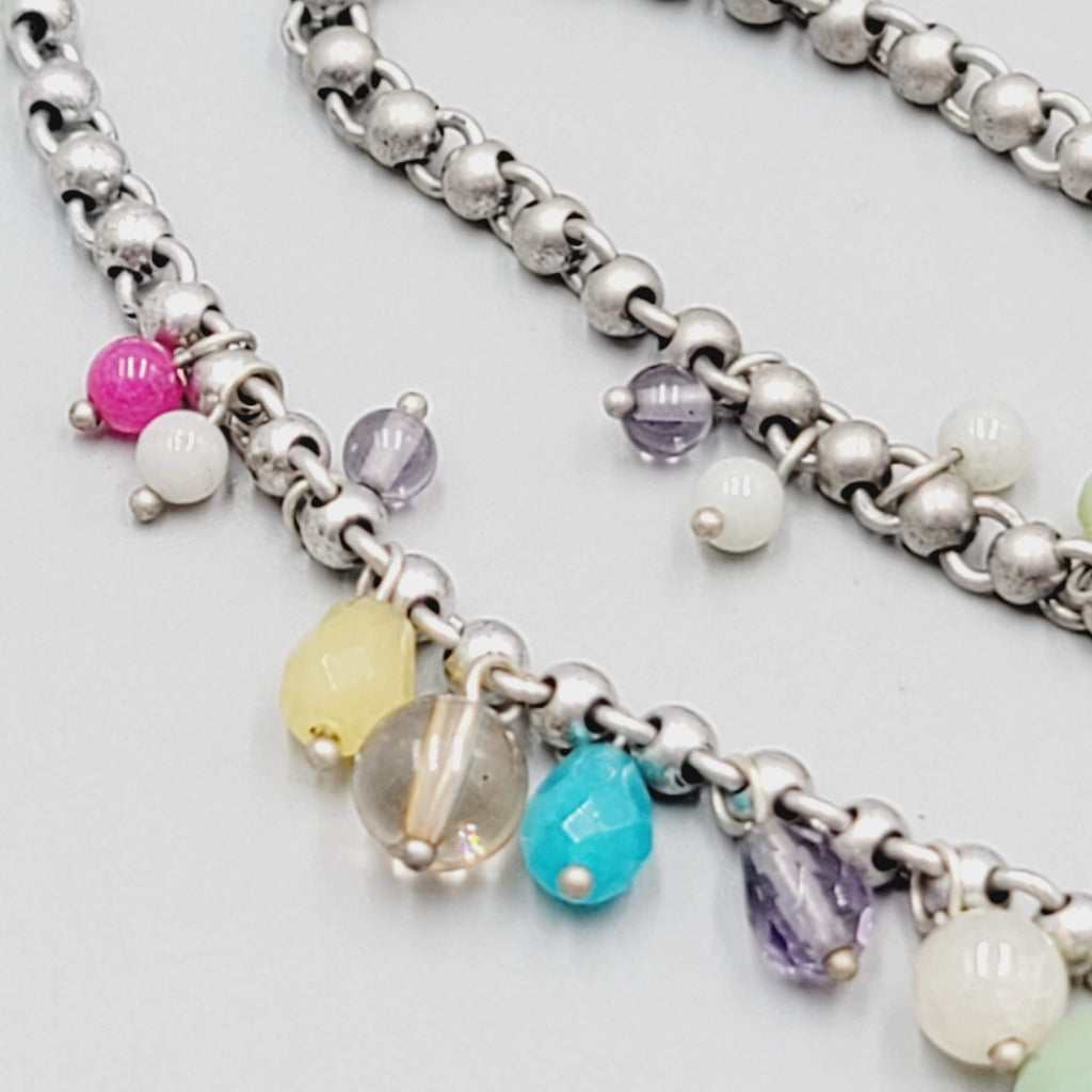 Fossil Brand Necklace Silver tone Pastel Multicolor Glass Beads 20"-22"
