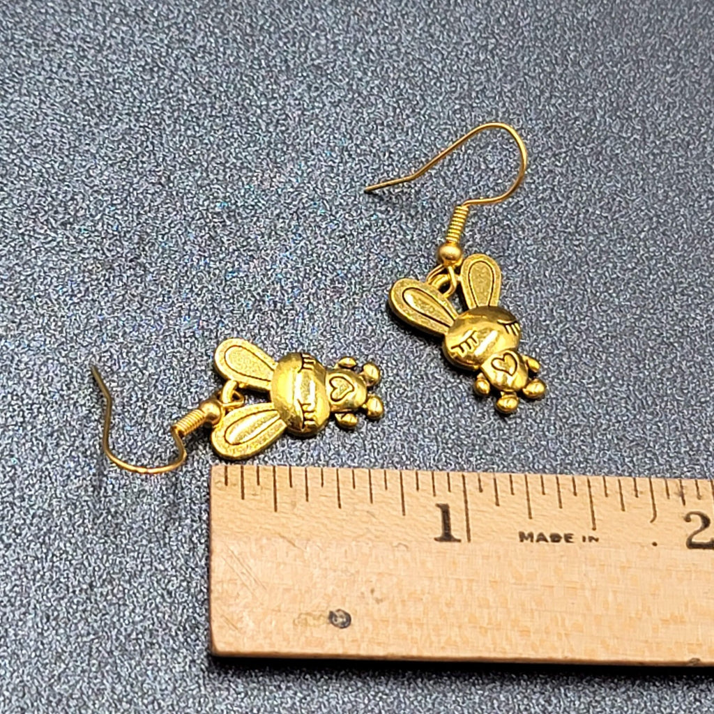 Bunny Pierced Earrings Heart Shirt Dangle Gold tone 3/4"