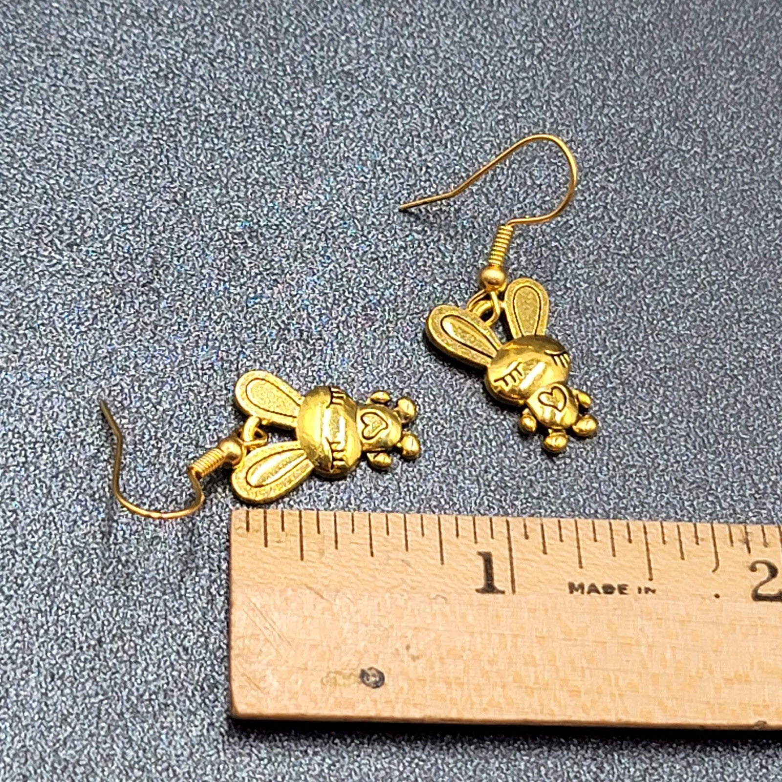 Bunny Pierced Earrings Heart Shirt Dangle Gold tone 3/4"
