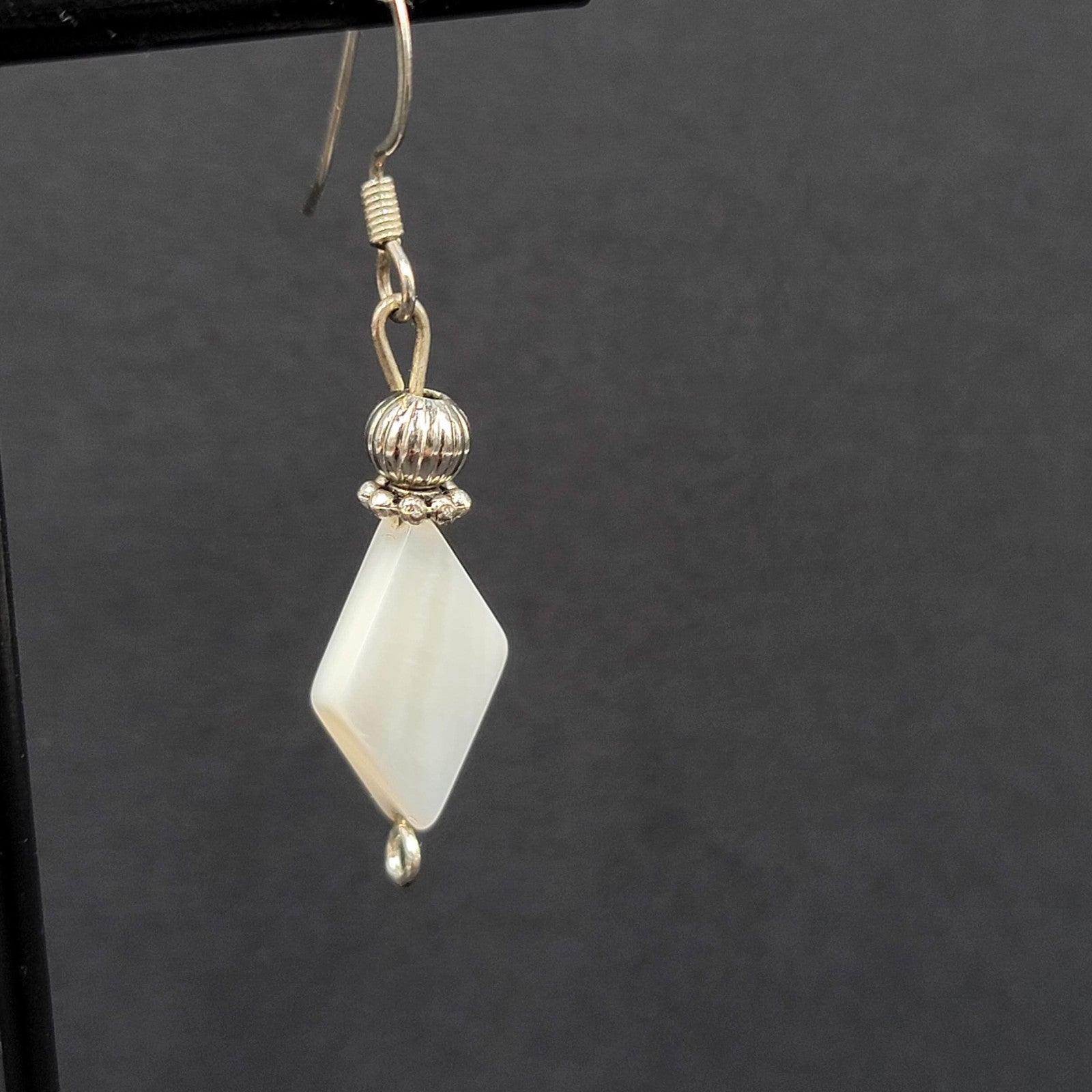 Mother of Pearl Pierced Earrings Diamond Shape Bead Silver tone Dangle  1 1/8"