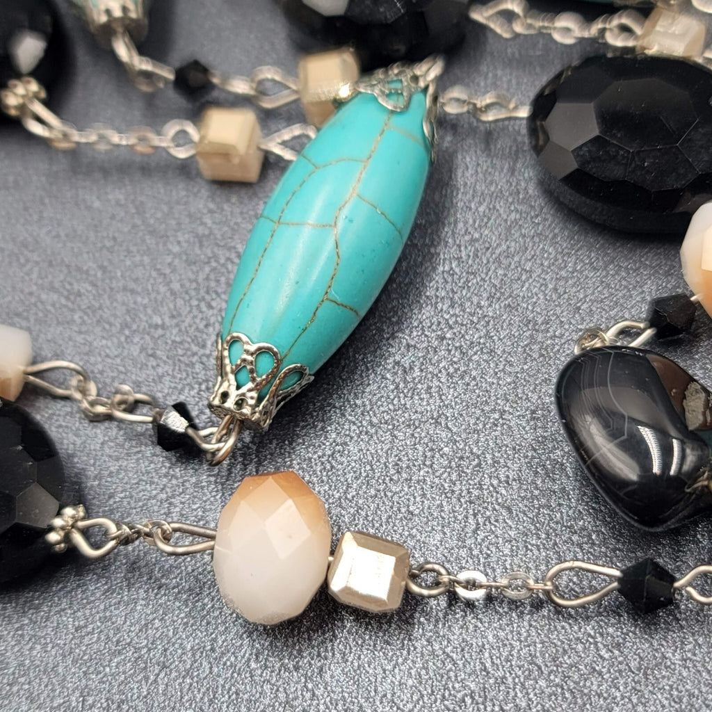 Blue Black White Stone Station Beaded Necklace Silver tone Layered  24"