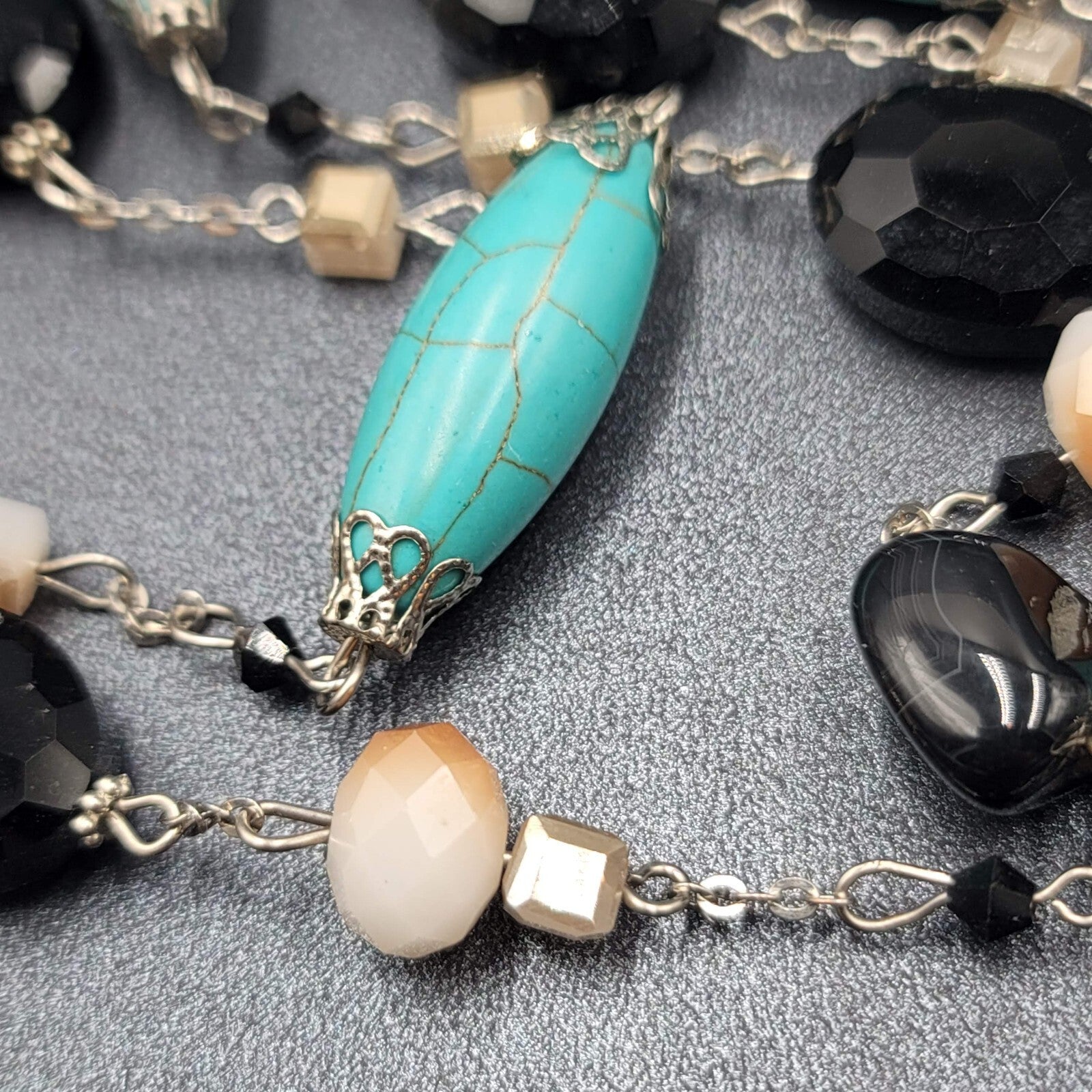 Blue Black White Stone Station Beaded Necklace Silver tone Layered  24"