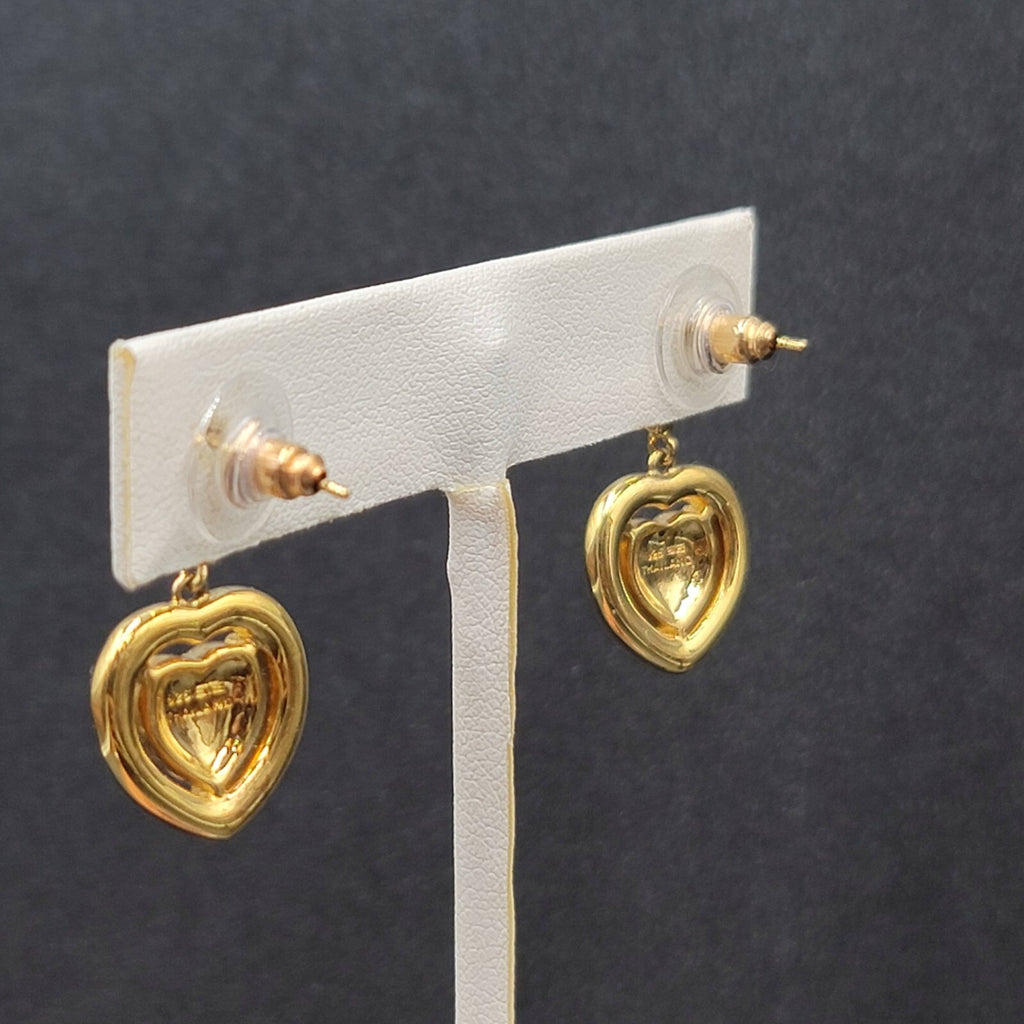 Sterling Silver Pierced Earrings Gold Plated Crystal Heart Dangle 1" 925