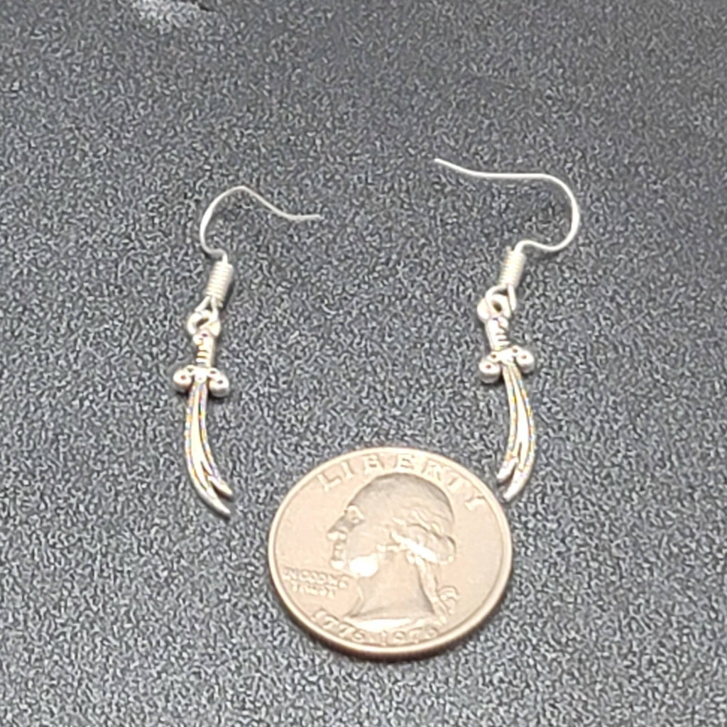 Pierced Earrings Scimitar Sword Silver tone Dangle 1"