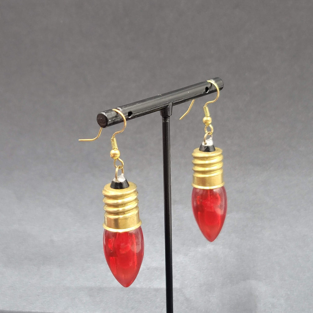 Christmas Pierced Earrings Gold tone Red Christmas Bulbs 1.75"