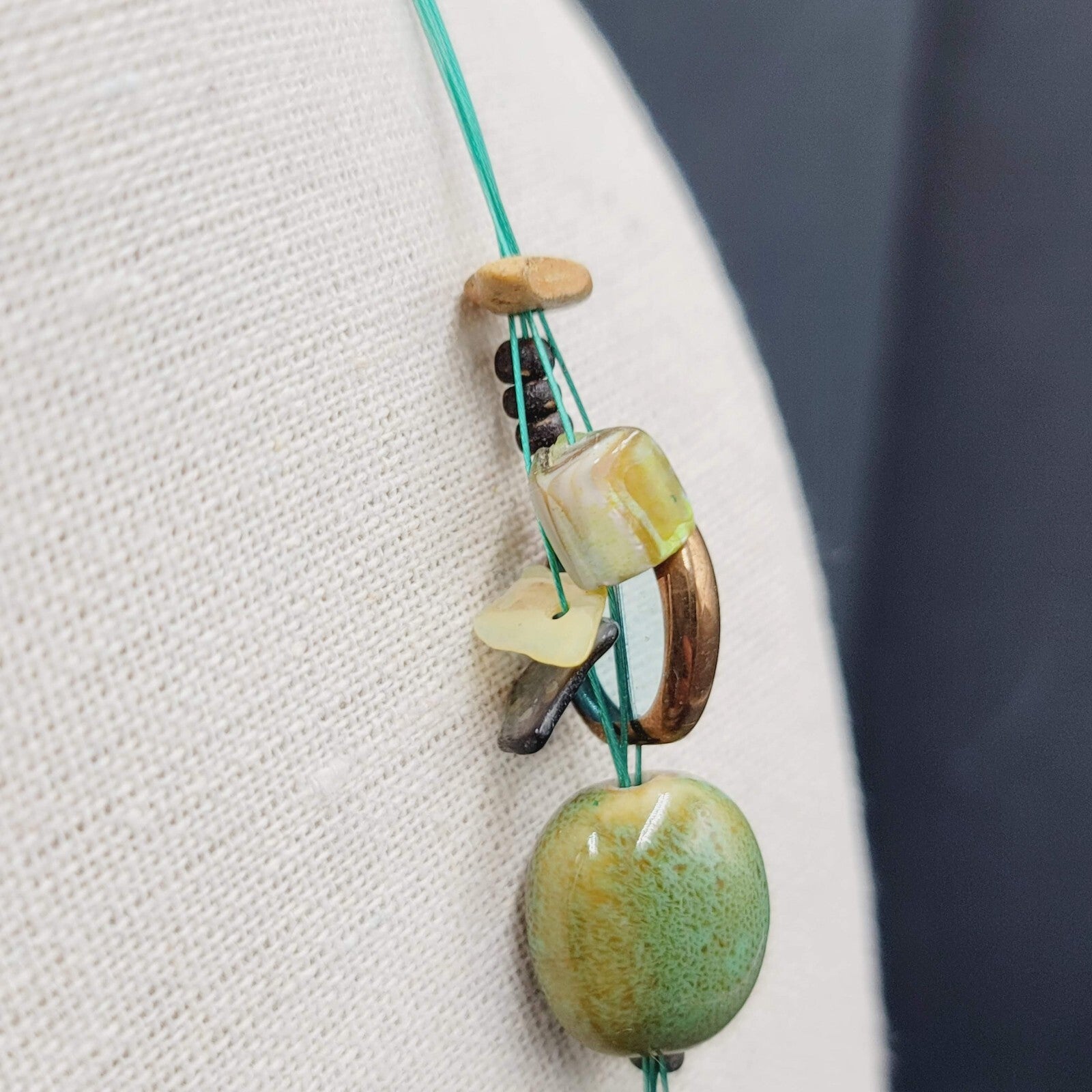 Premier Designs Necklace Green Pottery Beads Blue Thread 18"-21"