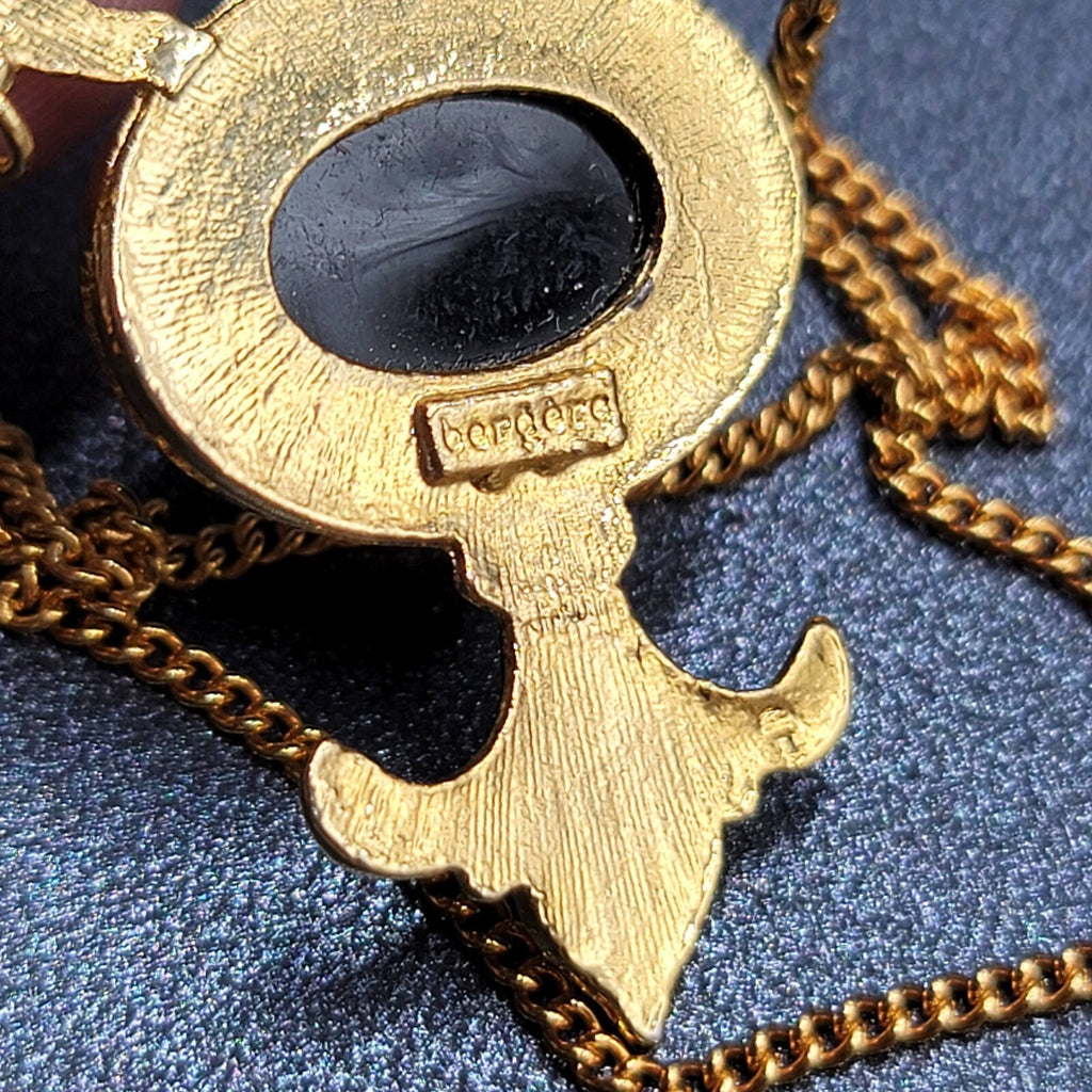 Vintage Bergere Black Cabochon and Gold Tone Brooch with Chain Swag Retro Estate