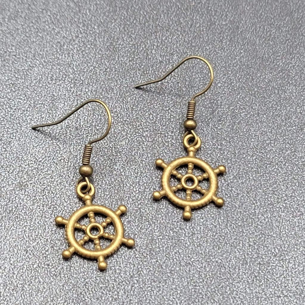 New Nautical Ships Wheel Pierced Earrings Bronze tone Embossed Dangle 3/4"