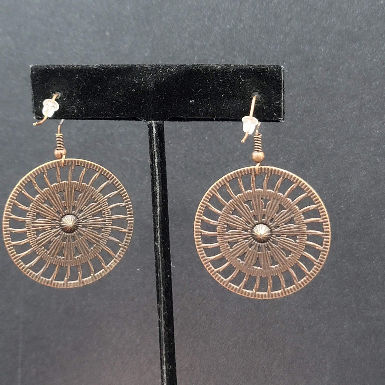 New Boho Pierced Earrings Bronze tone Blue Enamel Round Open Flower Dangle 1.25"