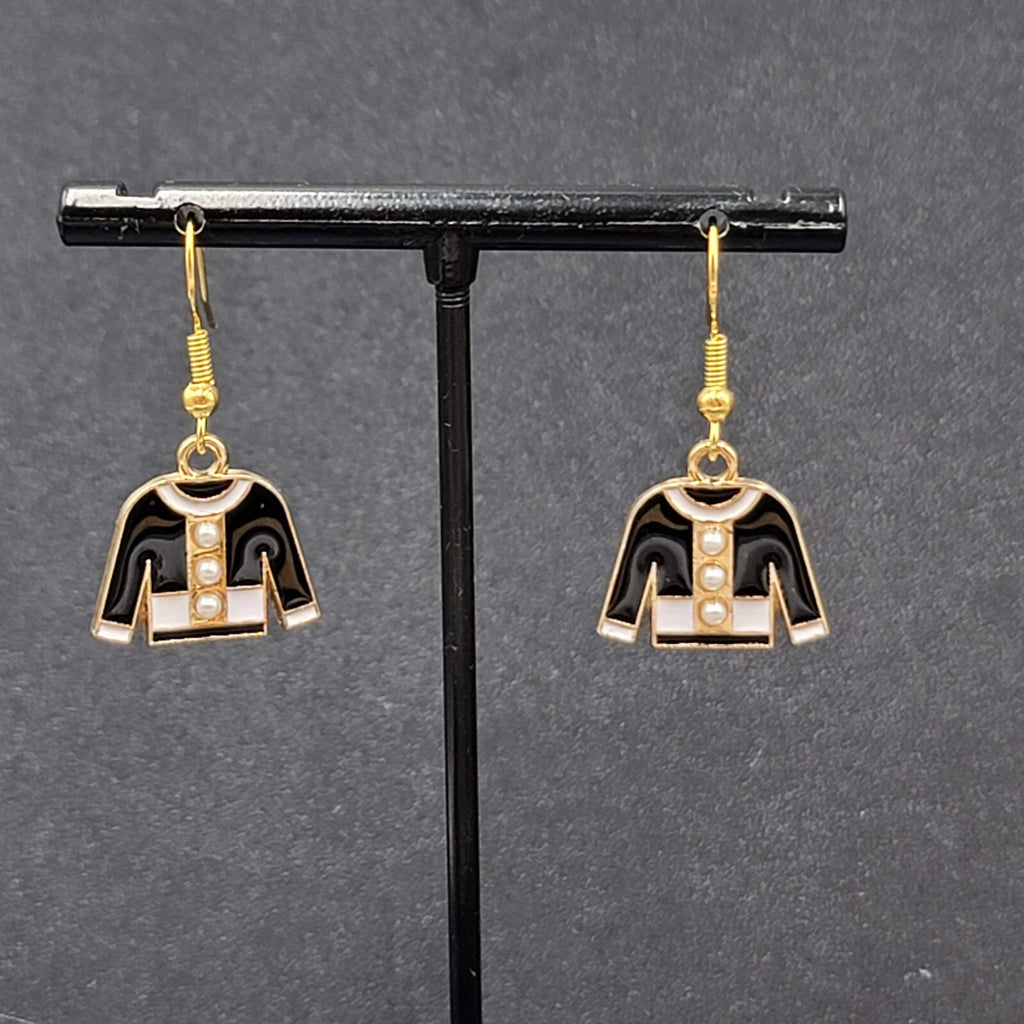 Fashion Sweater Pierced Earrings Gold tone Black Enamel Dangle 5/8"