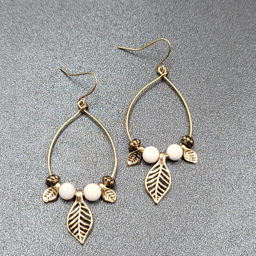 Pierced Earrings Gold tone White Bead Dangle Leaf Hoops 2.25"