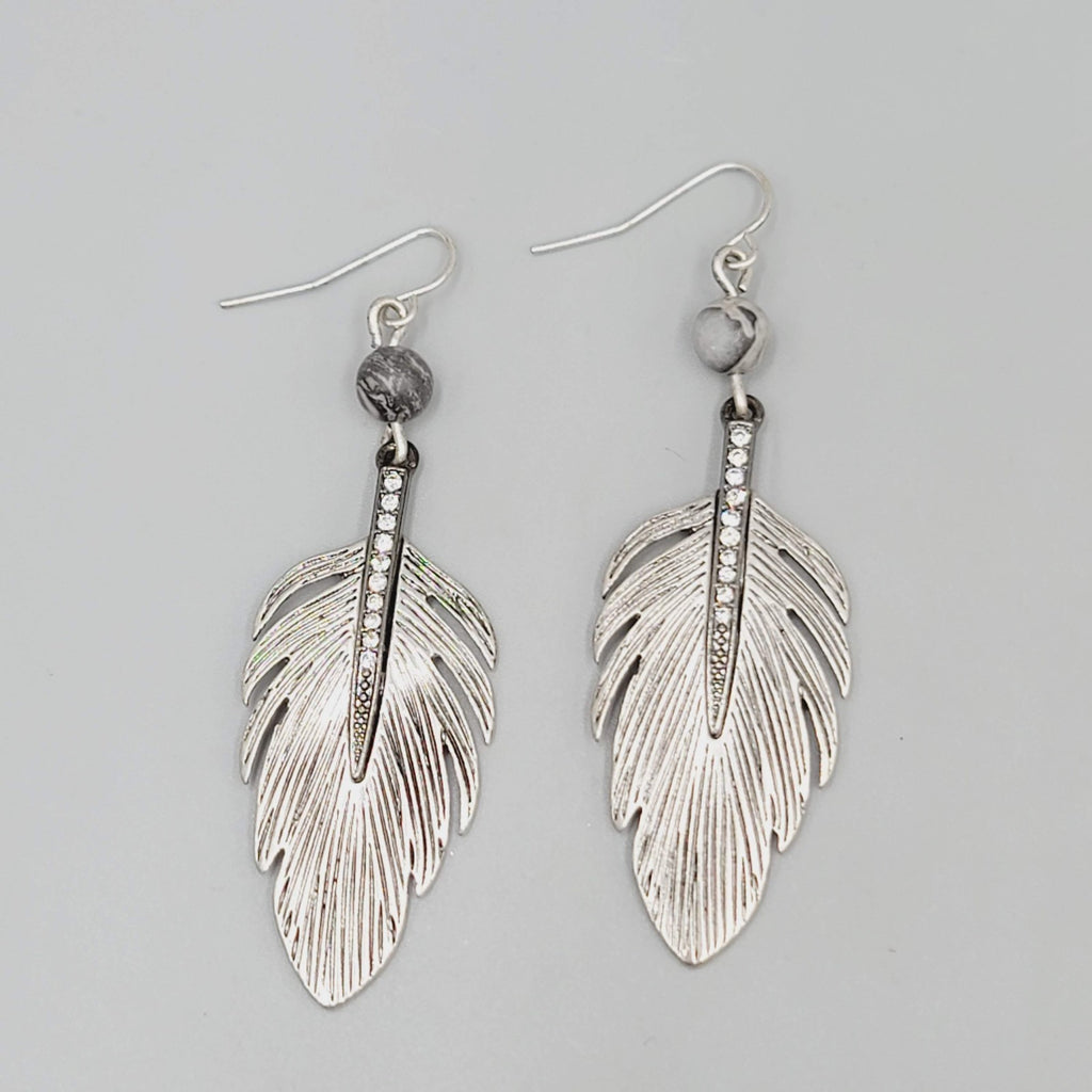 Silver tone Feather Dangle Pierced Earrings Gray Bead Crystal 2.25"