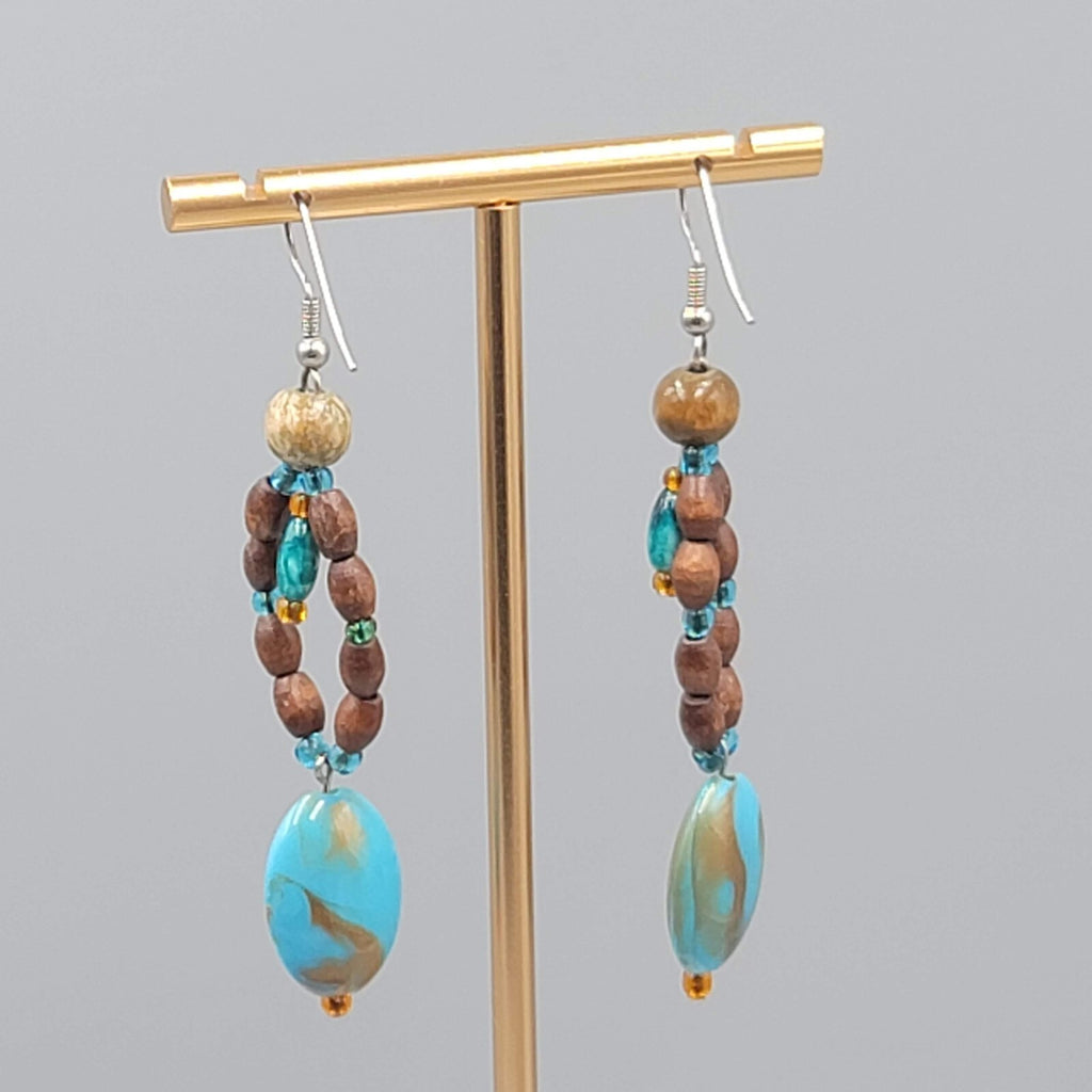Blue Stone Wood Bead Pierced Earrings Artisan Dangle 2.5"