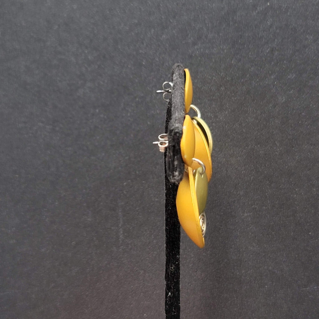 Pierced Earrings Brushed Gold tone Gold Silver Accent Modernist Dangle  1 3/8"