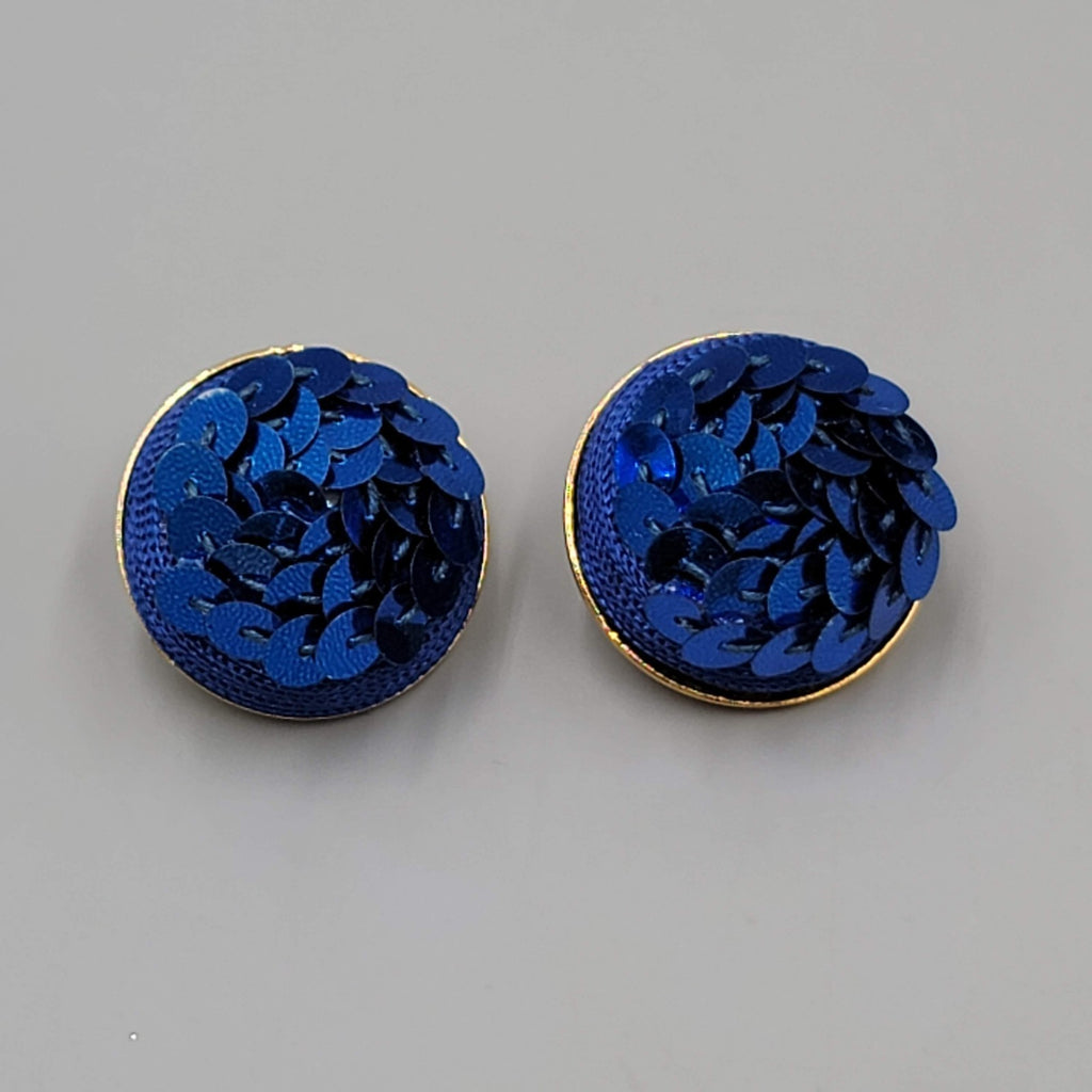 Vintage Blue Sequin Dome Clip on Earrings Gold tone 1 1/8"
