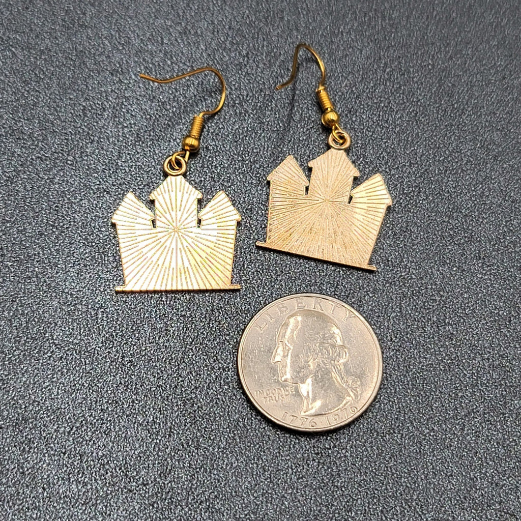 Purple Haunted House Halloween Pierced Earrings Gold tone Enamel Dangle 1"
