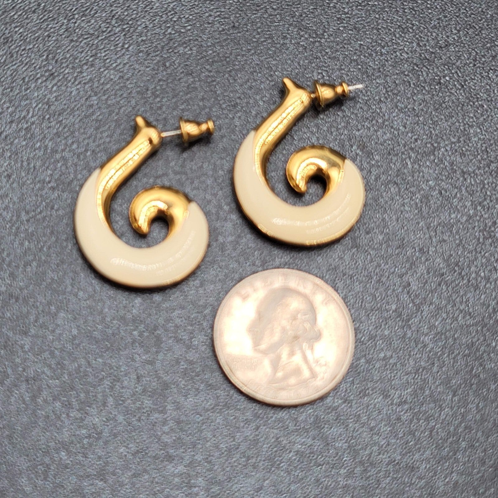 Vintage MONET Pierced Earrings Gold Plated White Enamel Swirl Drop  1.25"
