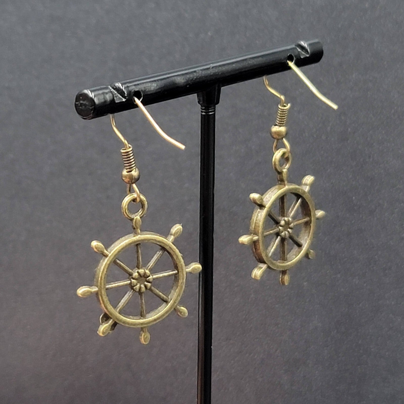 New Helm Pierced Earrings Bronze tone Ships Wheel Nautical Dangle 1"