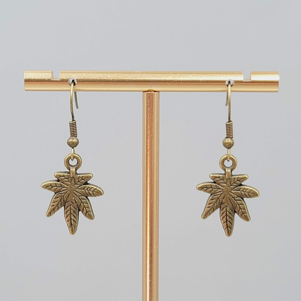 Marijuana Leaf Weed 420 Pierced Earrings Bronze tone Dangle 3/4"