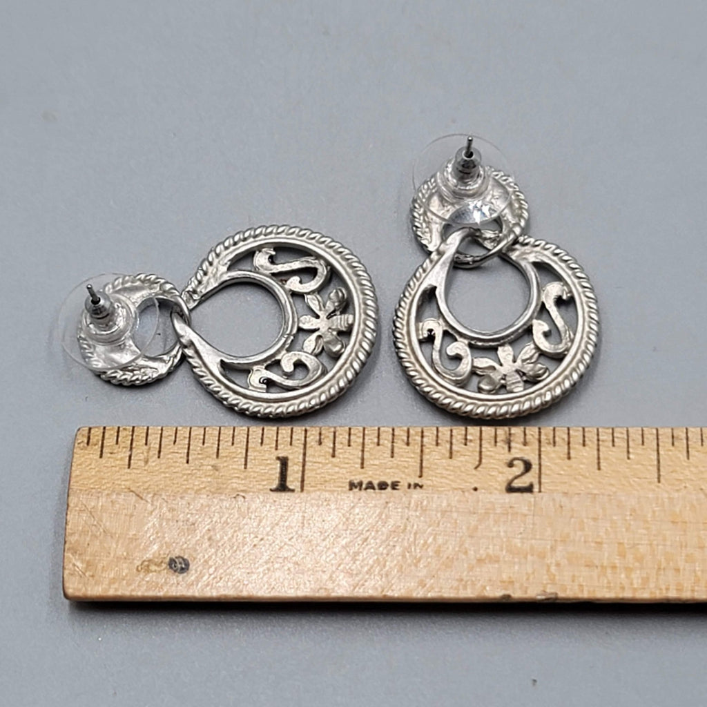 Purple Black Enamel Pierced Earrings Silver tone Dangle  1.25"