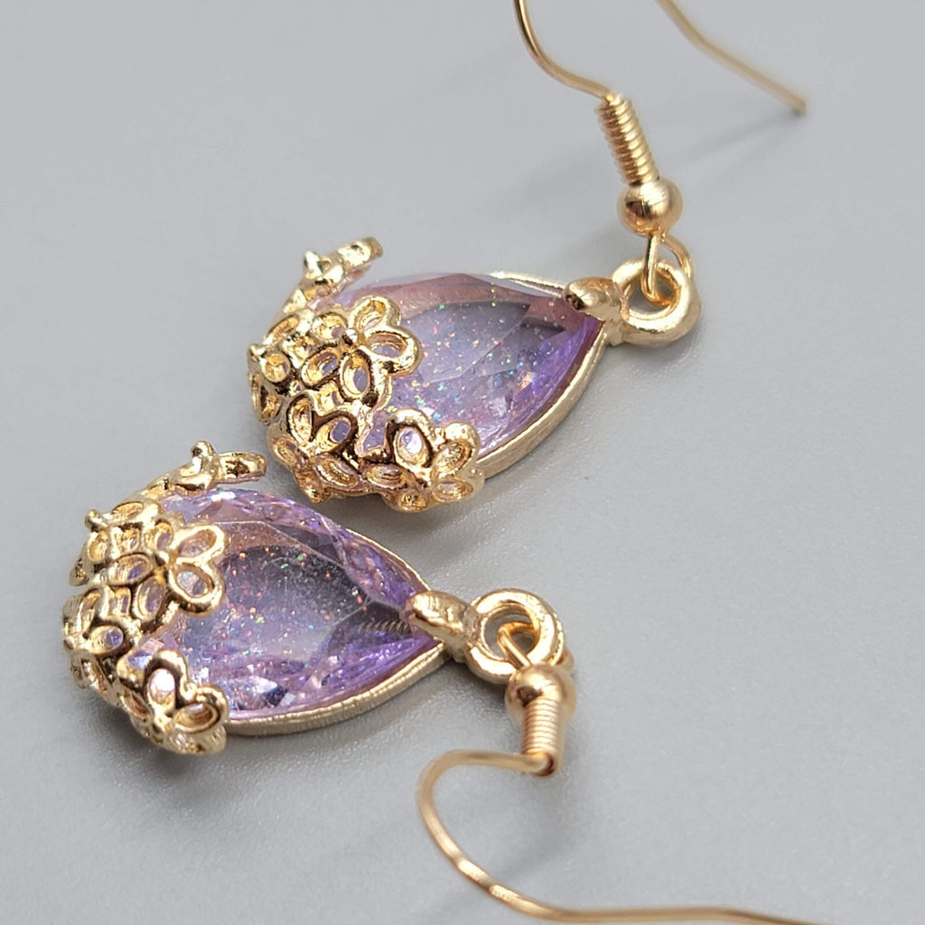 New Pierced Earrings Gold tone Glitter Purple Glass Teardrop Dangle 3/4"