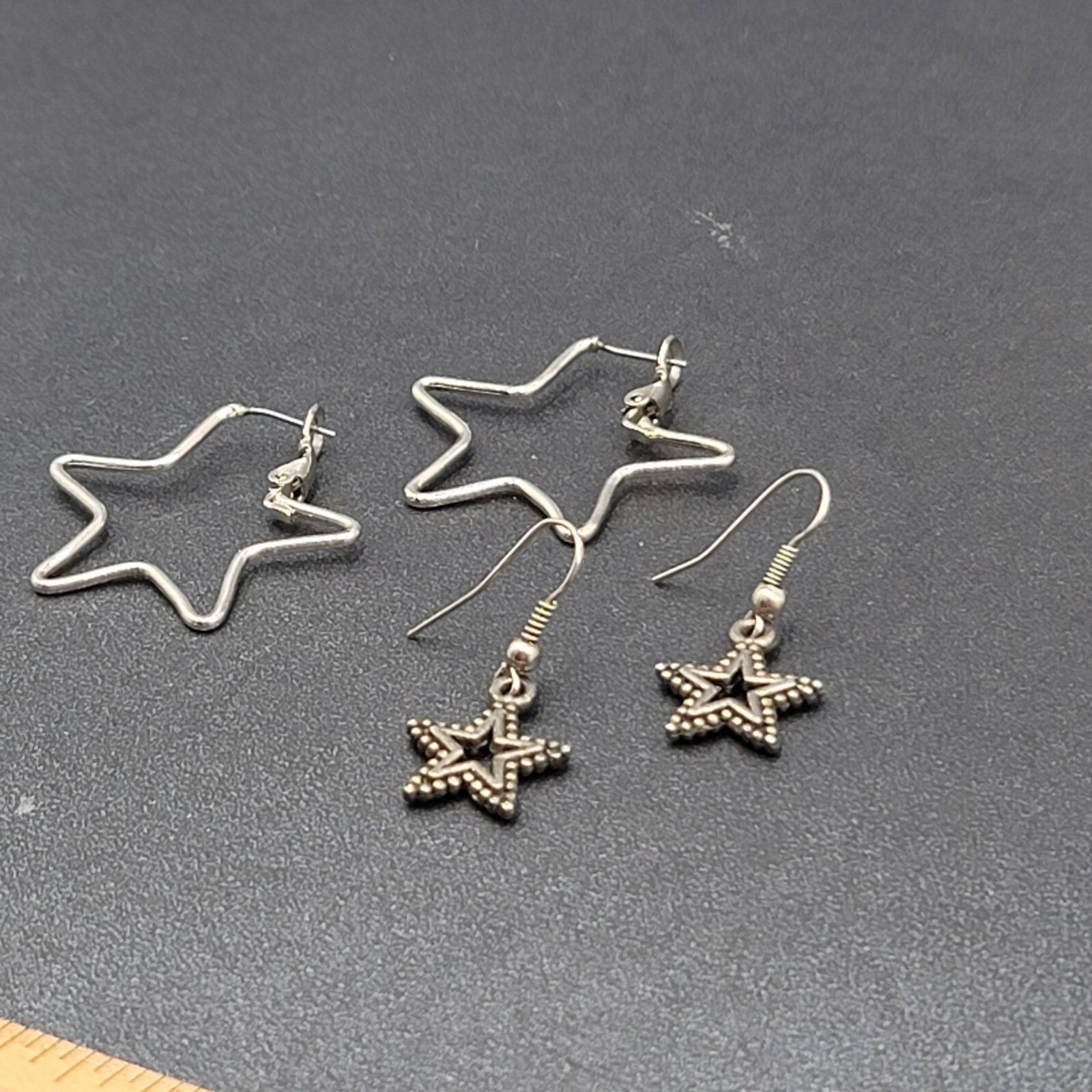 Lot of 2 Pierced Earrings Silver tone STARS Dangle Hoops
