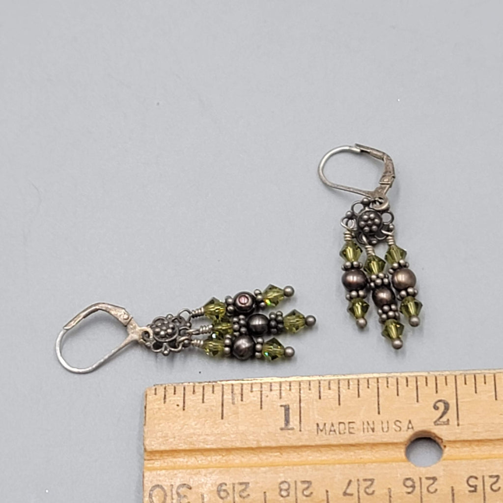 Pearl and Green Bead Sterling Silver Pierced Earrings Dangle 1 1/8 in 925