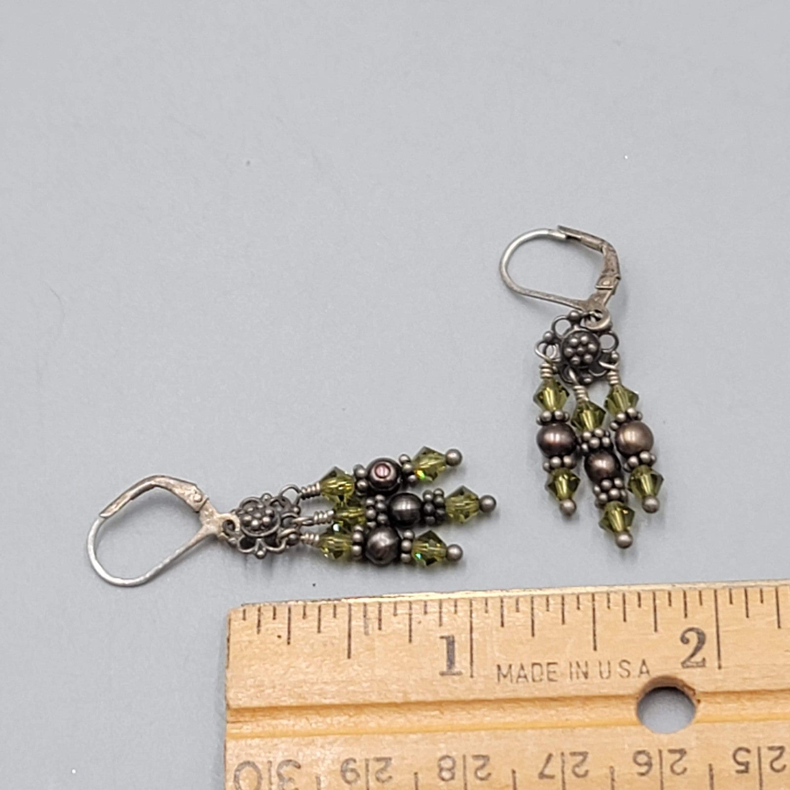 Pearl and Green Bead Sterling Silver Pierced Earrings Dangle 1 1/8 in 925