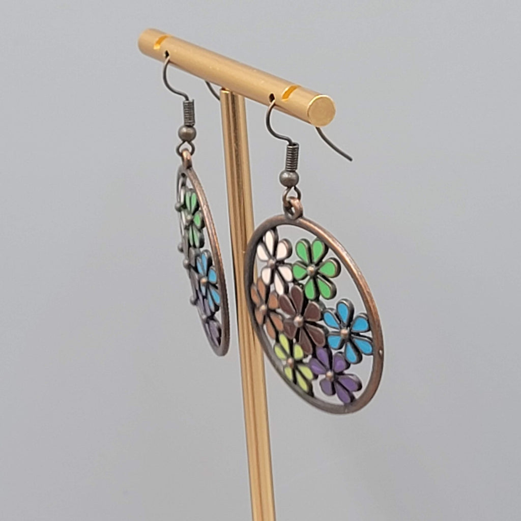 Multicolor Enamel Flower Pierced Earrings Round Bronze tone Dangle 1 3/8"