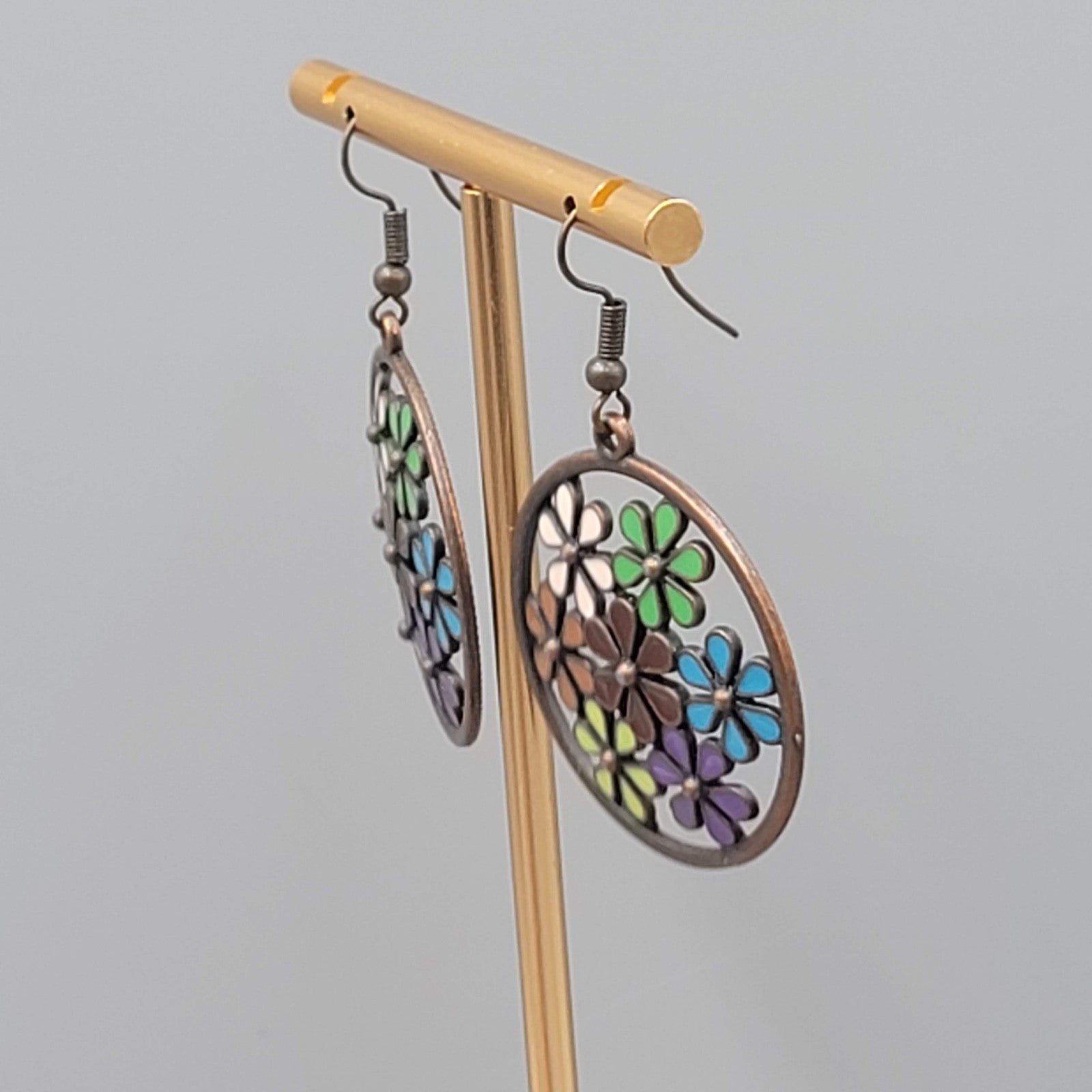 Multicolor Enamel Flower Pierced Earrings Round Bronze tone Dangle 1 3/8"