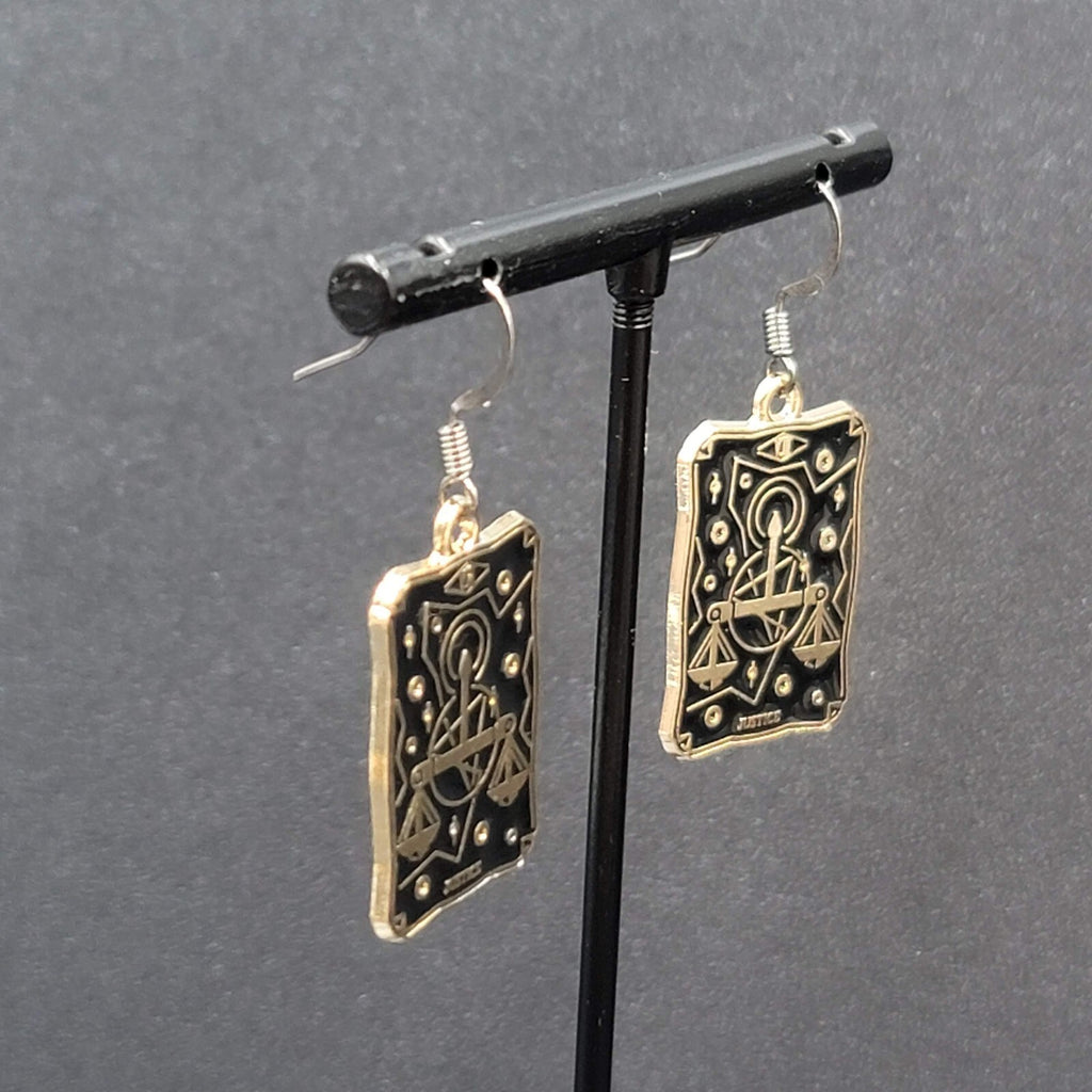Tarot Card Pierced Earrings JUSTICE Scales Gold tone Black 1"