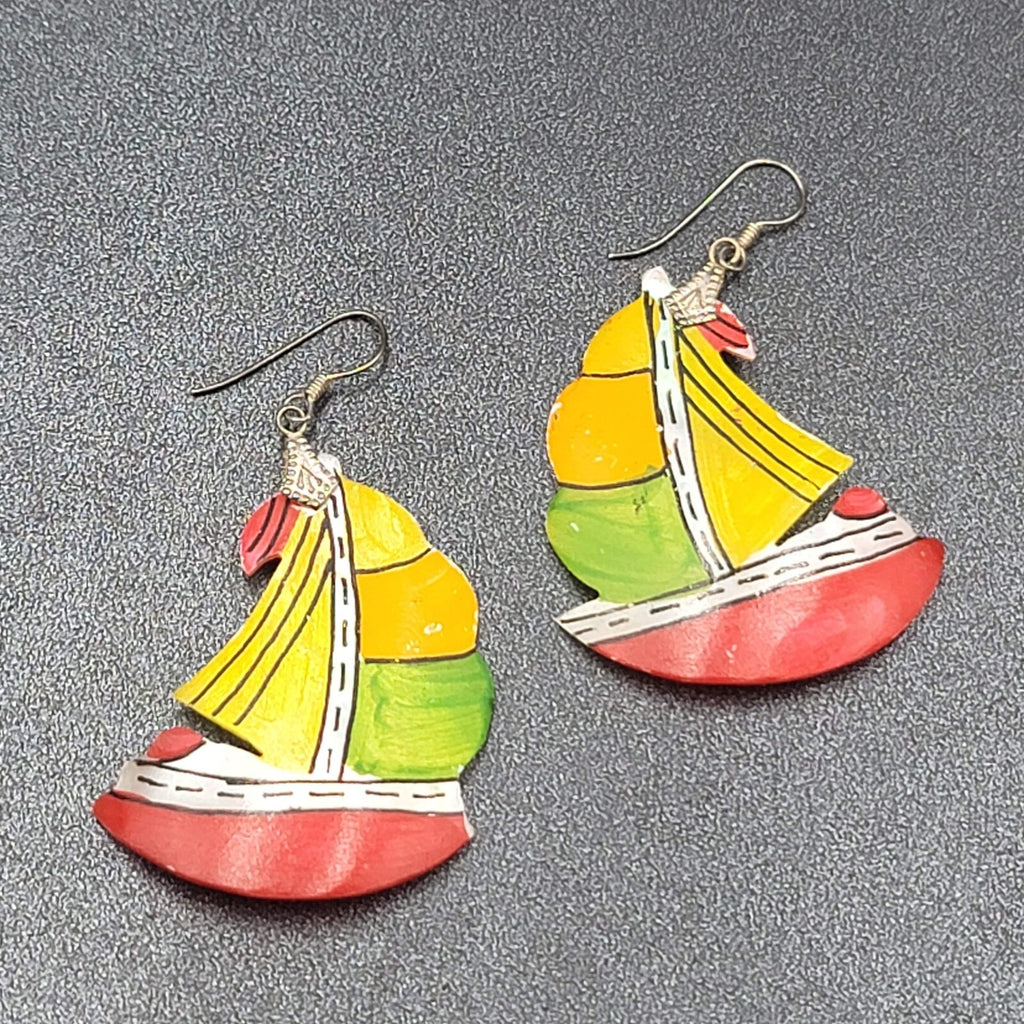 Vintage Sailboat Pierced Earrings Hand Painted Mother of Pearl Carved Shell 2"