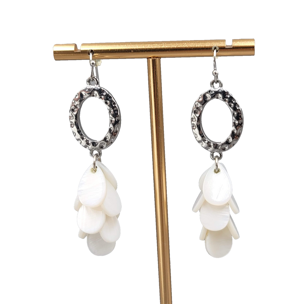 White Shell Pierced Earrings Hammered Silver tone Dangle 2 in