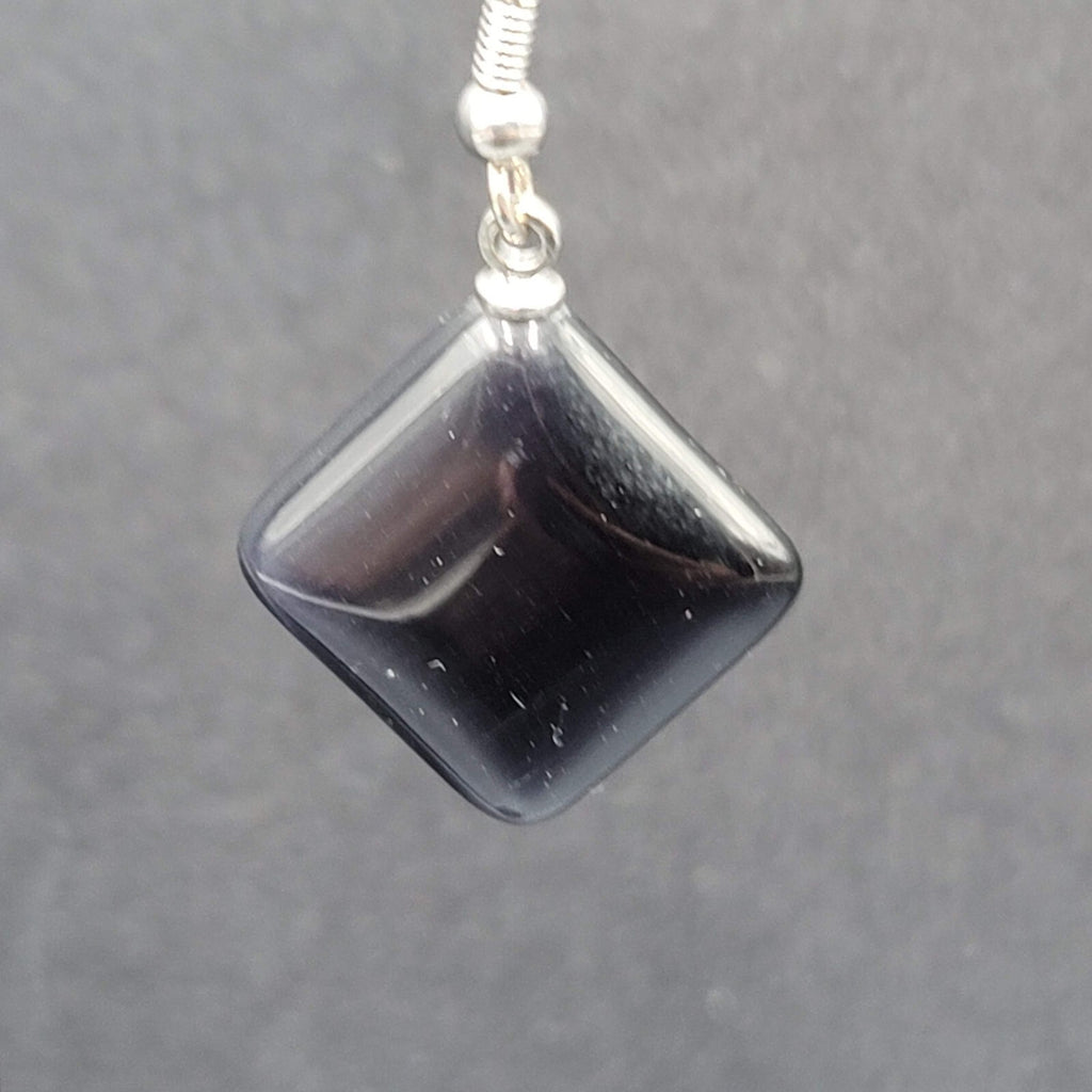 Pierced Earrings Purple Gray Stone Satin Finish Dangle Square Silver tone 3/4"