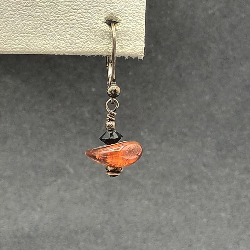 Pierced Earrings Black Metal Amber Beaded Dangle 1/2"
