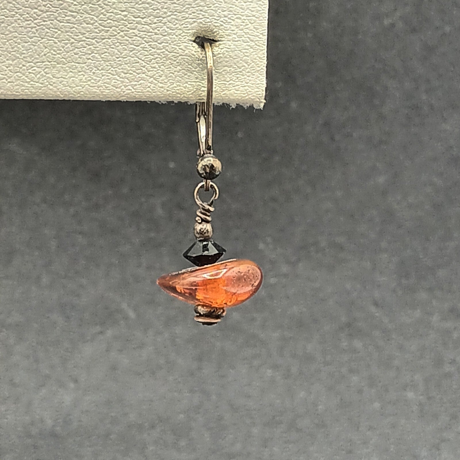 Pierced Earrings Black Metal Amber Beaded Dangle 1/2"
