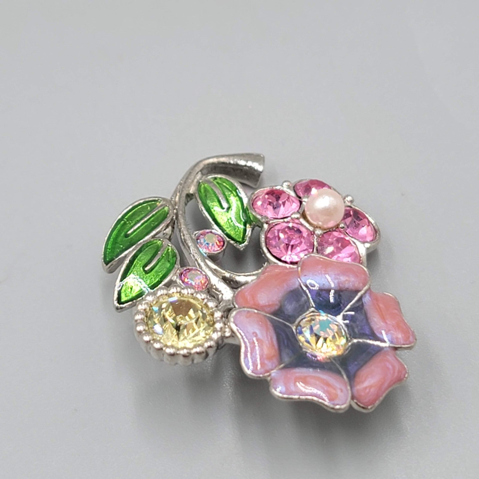 Vintage Enamel Flower Brooch Multicolor Rhinestone Silver tone Pin 1.5 in