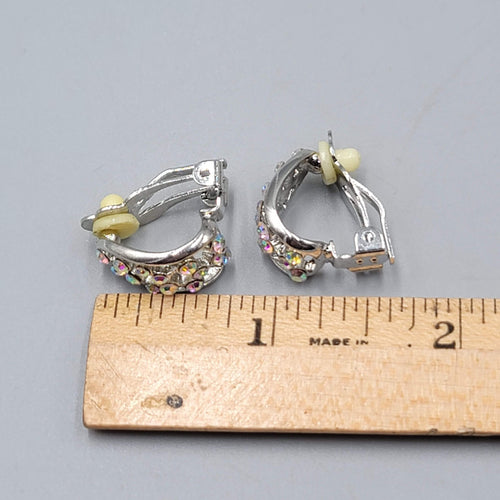 Clip on Earrings Silver tone AB Rhinestones Half Hoop Drop  3/4"