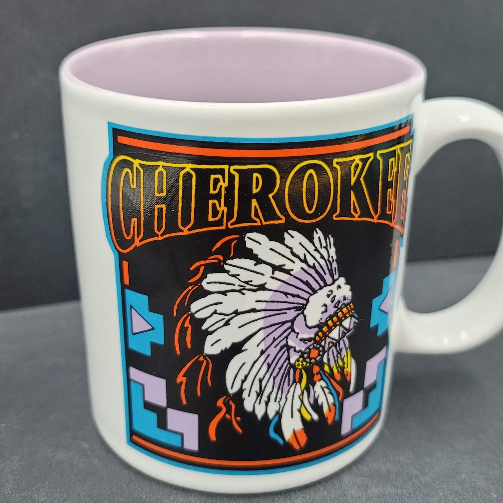 Vintage Cherokee Coffee Mug Souvenir Native American  Purple White