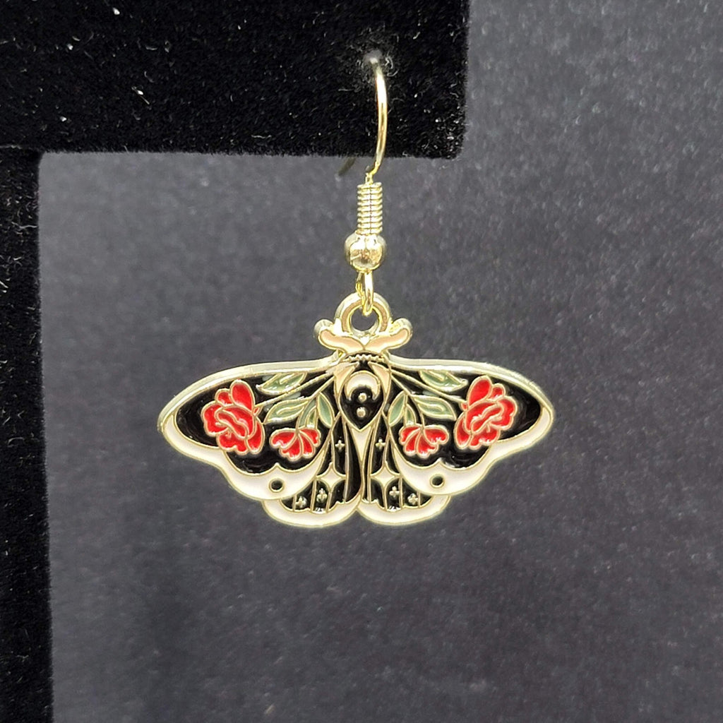 Pierced Earrings Gold tone Enamel Red Rose Moth Dangle 3/4"