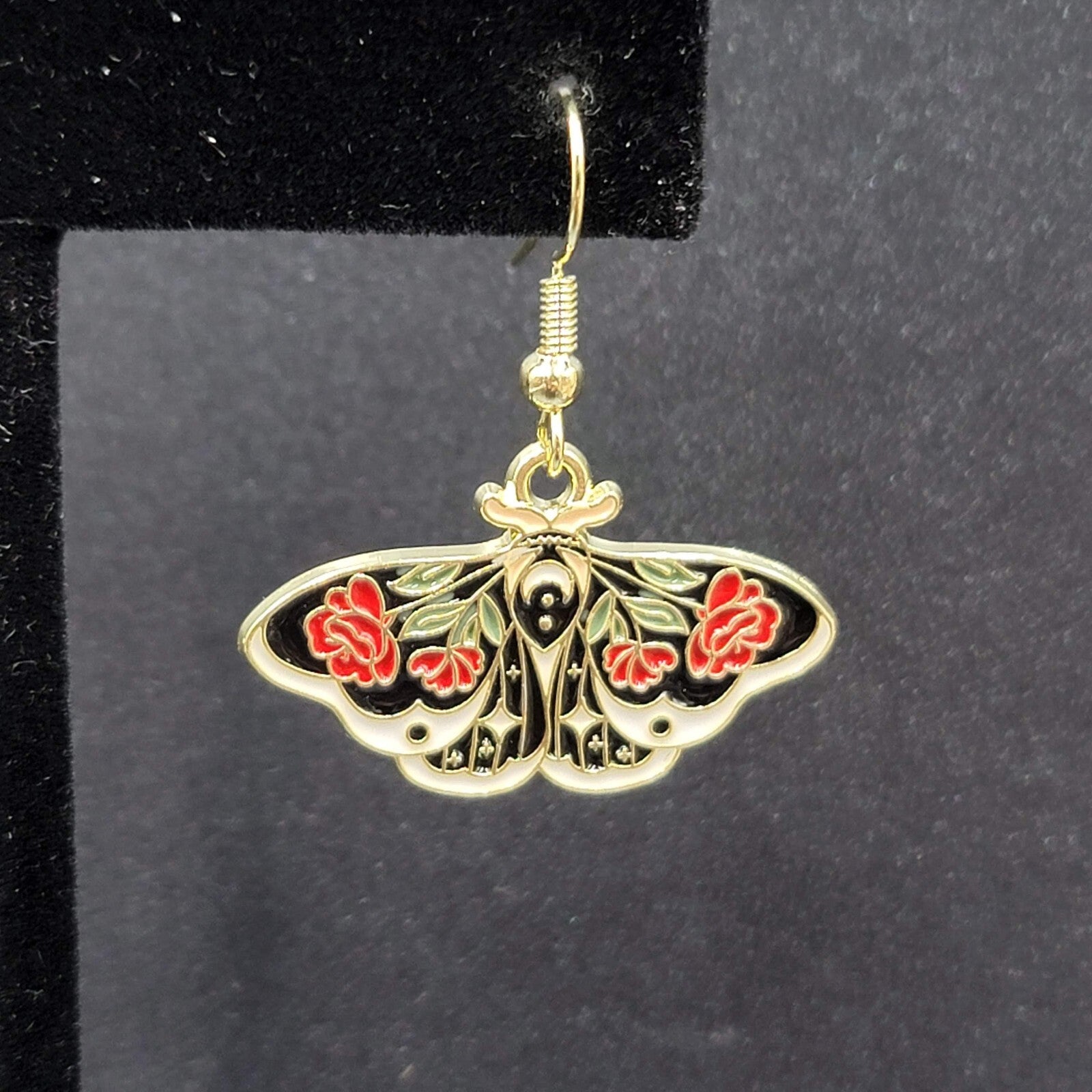 Pierced Earrings Gold tone Enamel Red Rose Moth Dangle 3/4"