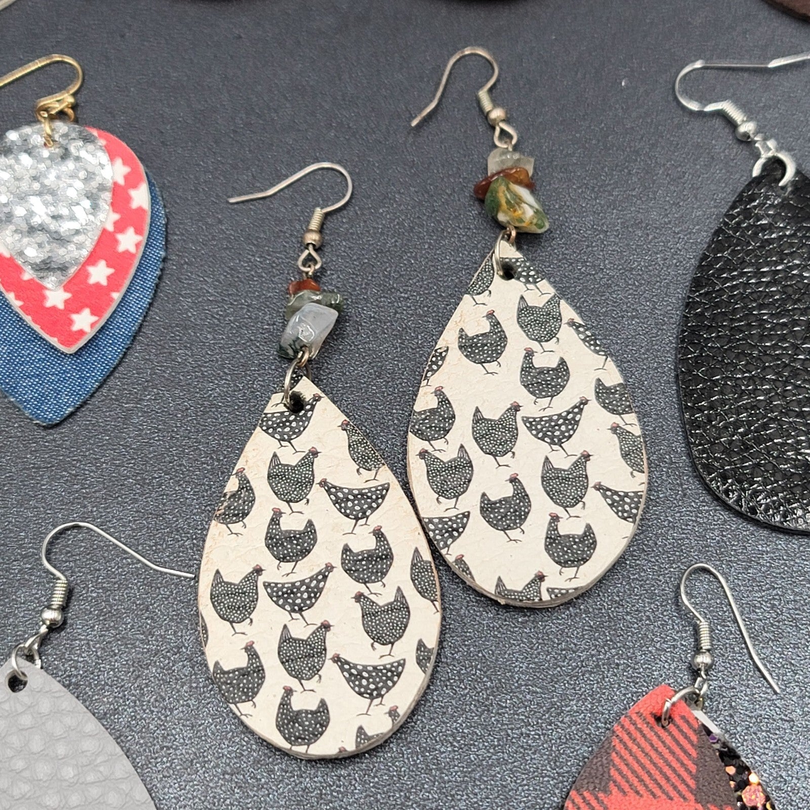 Lot of 9 Pierced Earrings Teardrop Dangle Multicolor Faux Leather Felt Denim