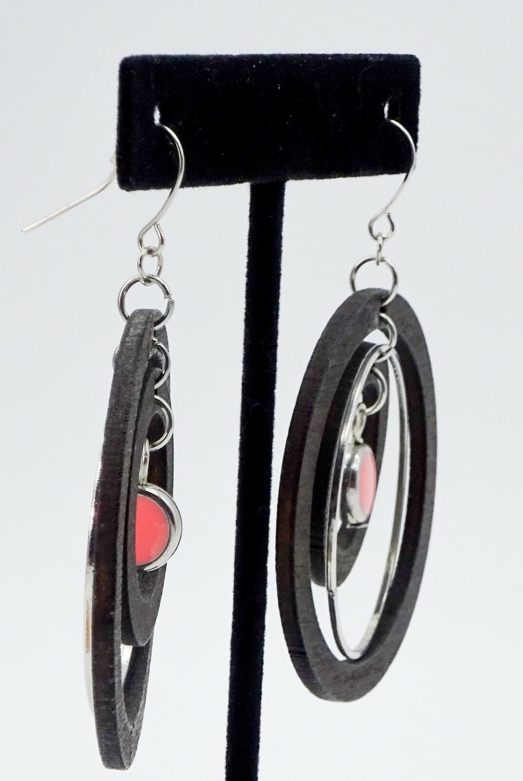Large Wooden Spinner Circles Pierced Earrings 2" Silver tone Pink Enamel 