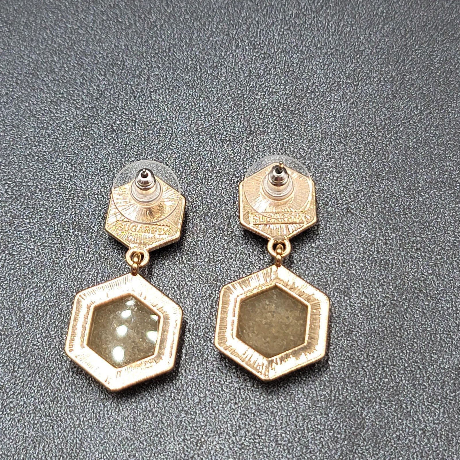 Sugar Fix Pierced Earrings Acrylic Pink Druzy Hexagon Dangle Gold tone 1.5"