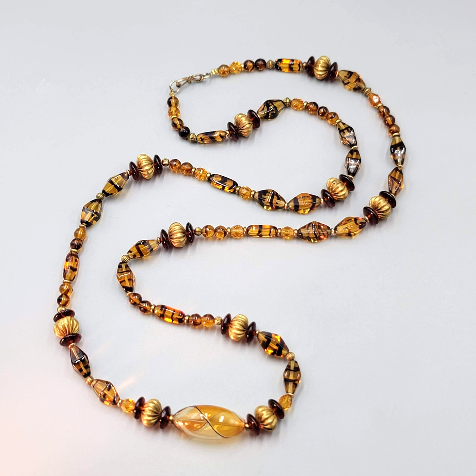 Brown Glass Bead Necklace Brass Bead 28"