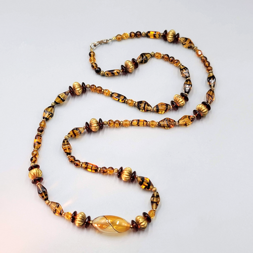 Brown Glass Bead Necklace Brass Bead 28"