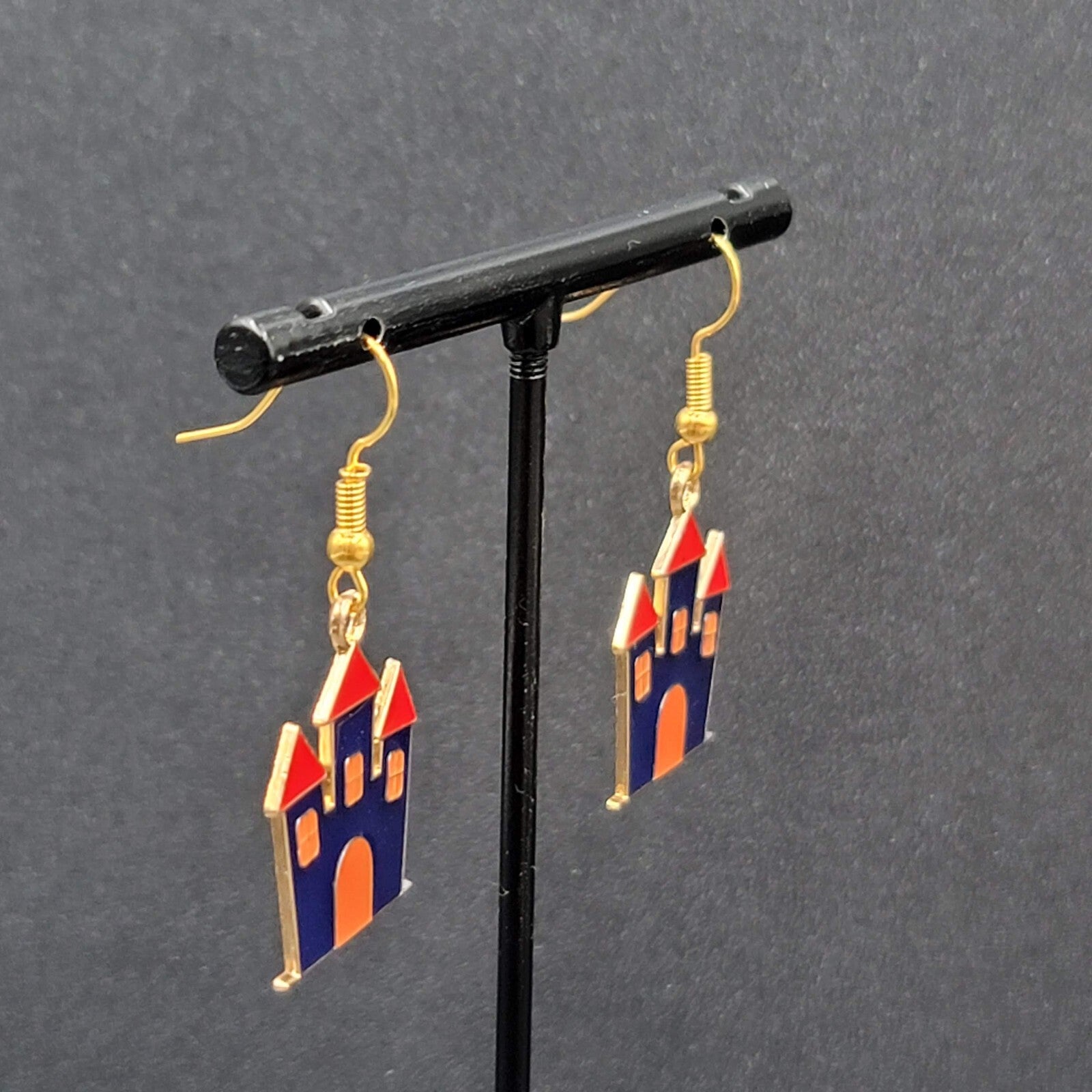 Purple Haunted House Halloween Pierced Earrings Gold tone Enamel Dangle 1"