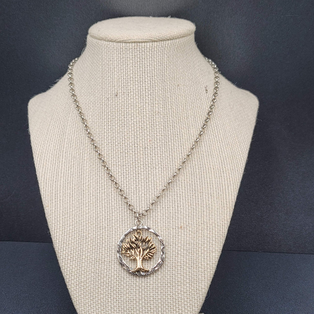 Tree Necklace Gold and Silver tone Pendant 16"-18" Rolo Chain